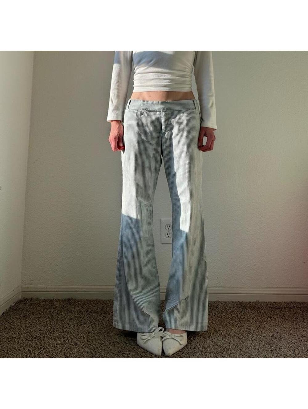 Vintage authentic y2k white & blue pinstriped low rise flare casual chino pants